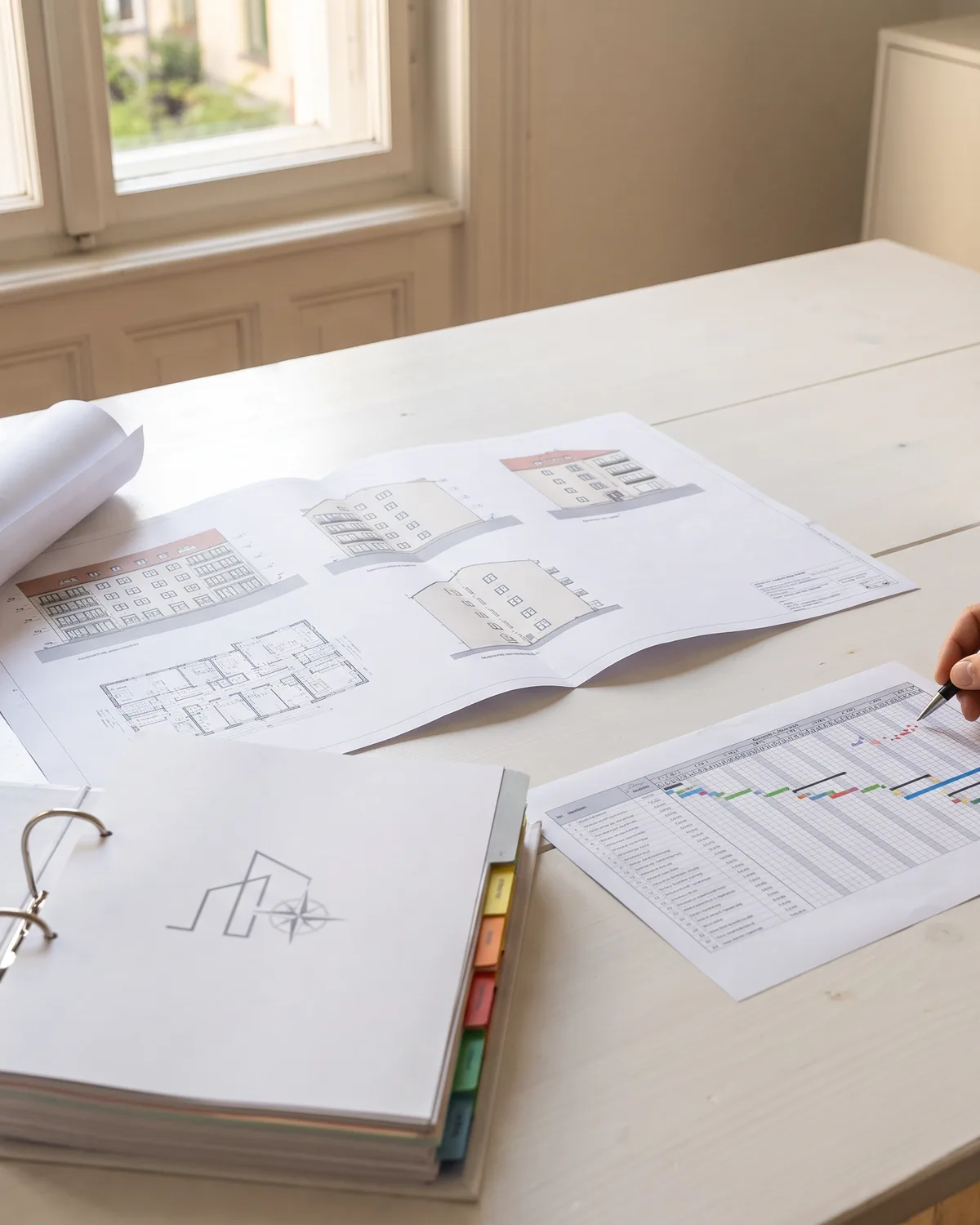 De stukken voor een aanbesteding op een werktafel: tekeningen, een bestek met tabbladen en een planning