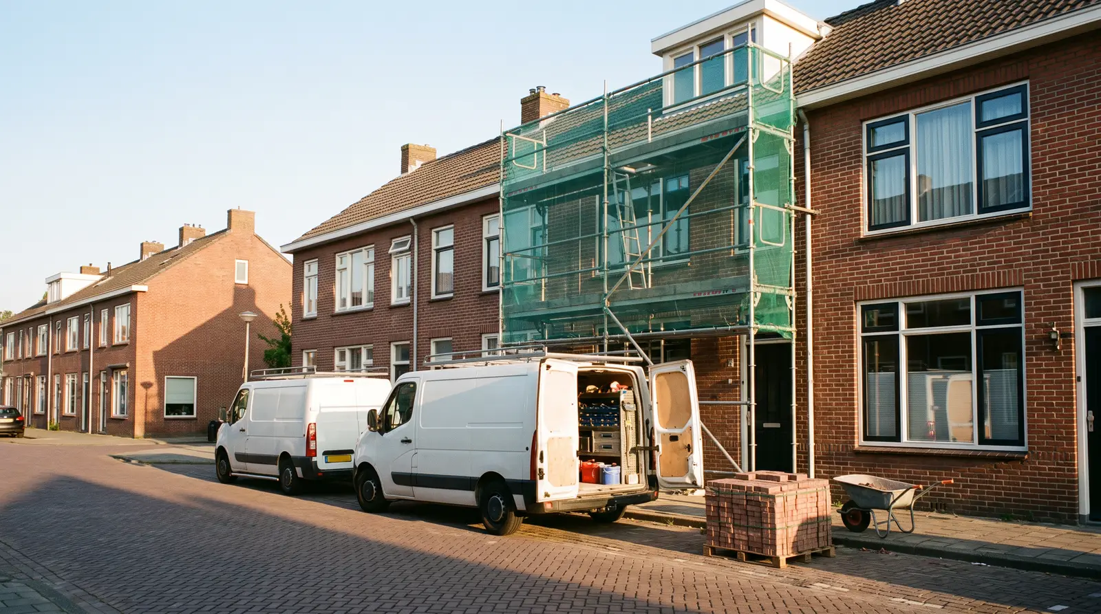 Twee witte bedrijfsbusjes van twee bedrijven voor een rijtjeshuis in renovatie met steigers