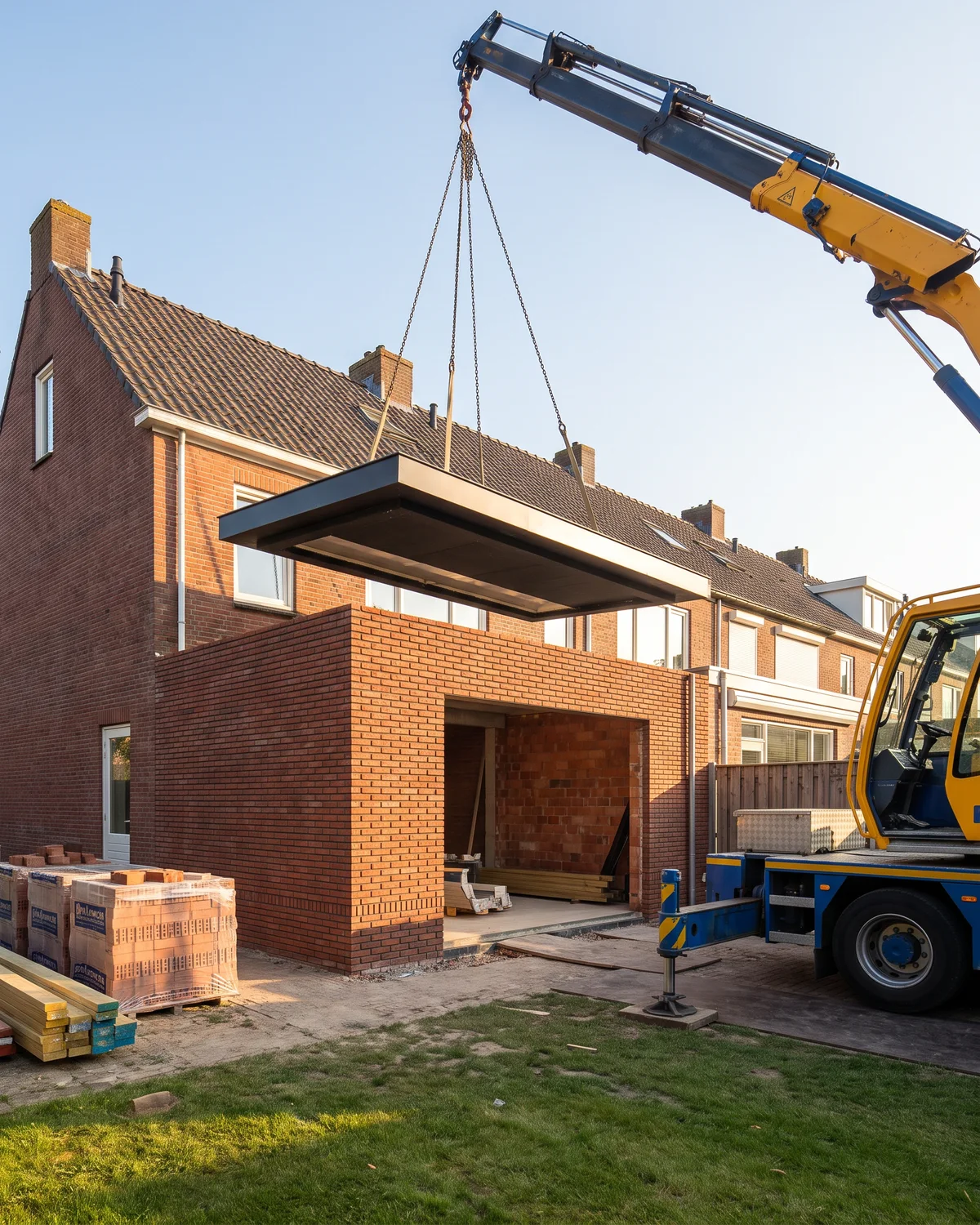 Een kraan hijst een prefab dakelement op een nieuwe aanbouw aan een rijwoning