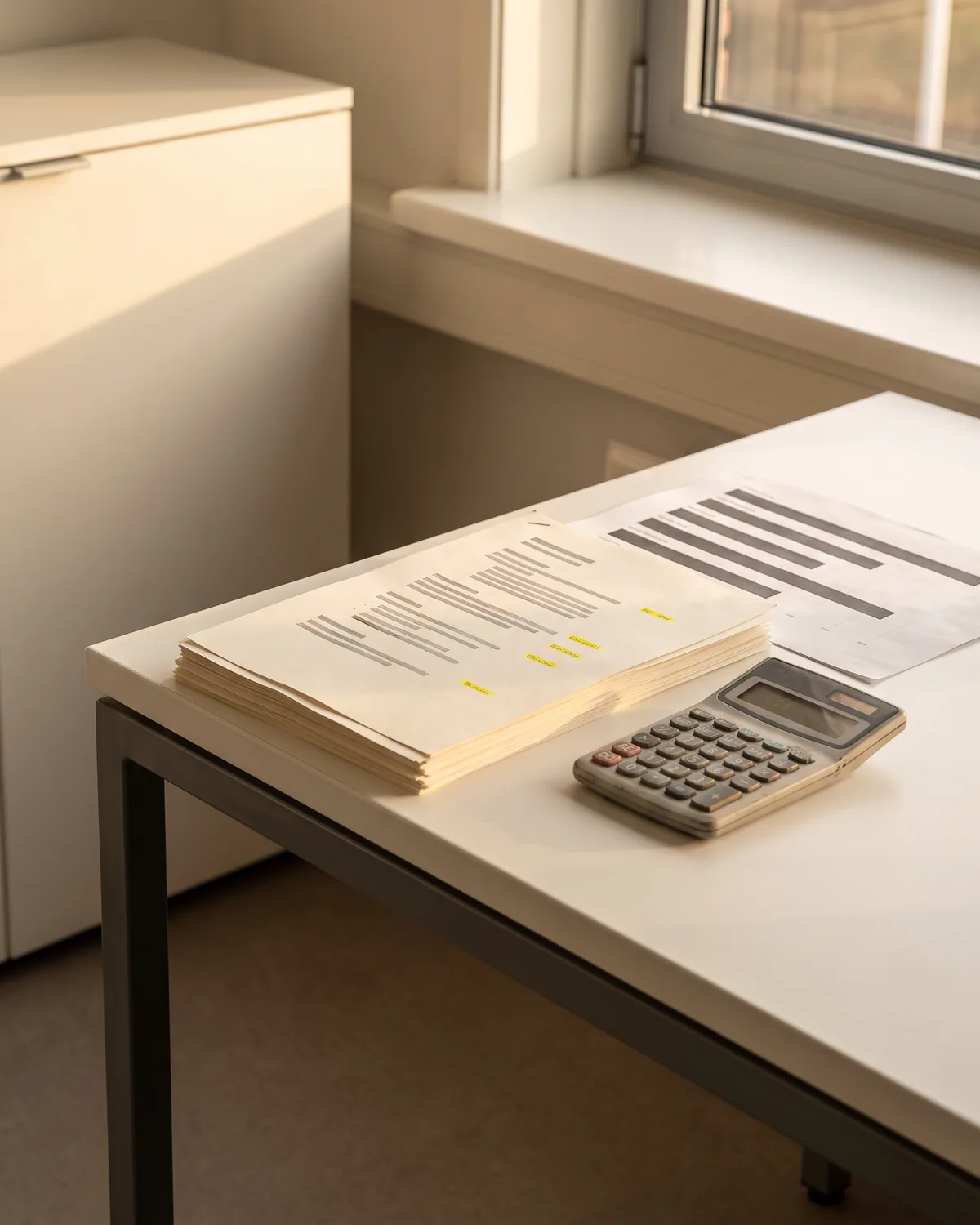 Uitgeprinte werkbegroting met gemarkeerde stelposten naast een planning op een bureau