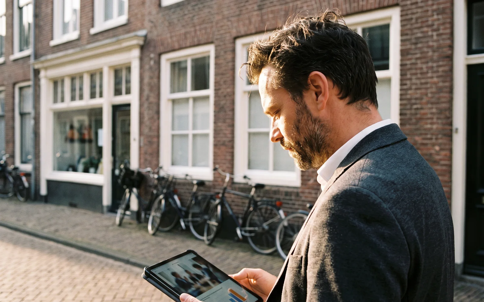 Een belegger bekijkt bij een te koop staand pand de cijfers op een tablet