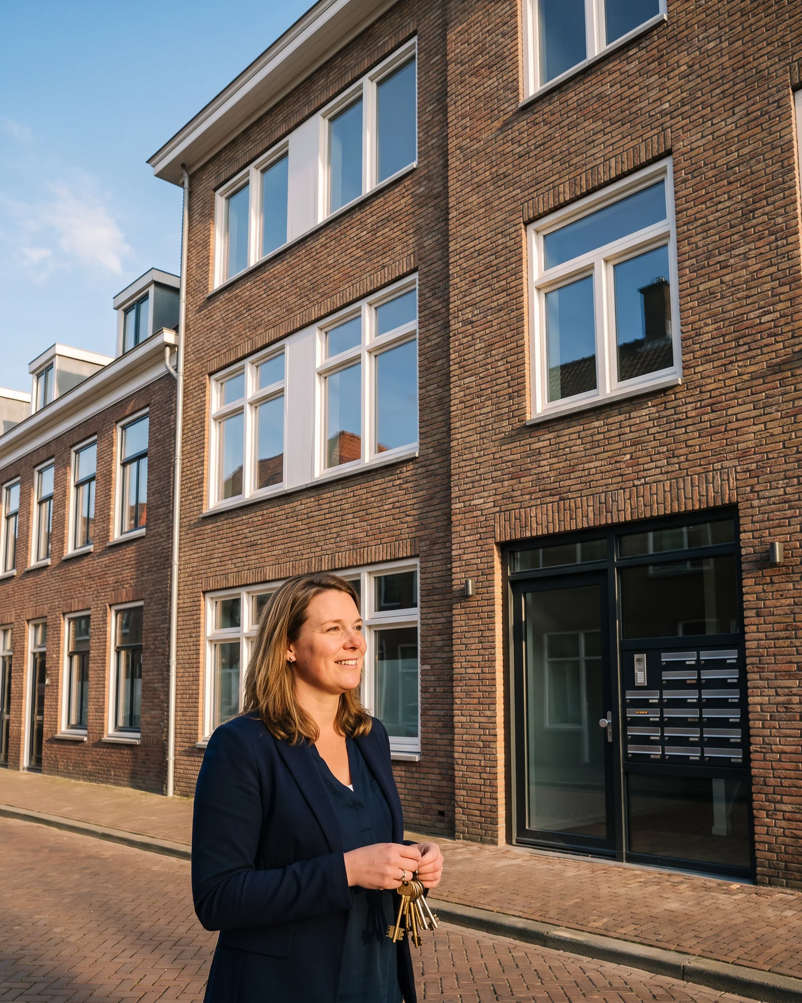 Een ontwikkelaar staat in de zon voor een opgeleverd appartementengebouw dat vroeger een kantoor was