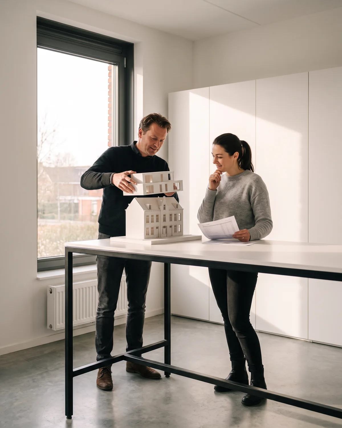 Een architect en een rekenaar bekijken samen een massastudie en een begroting