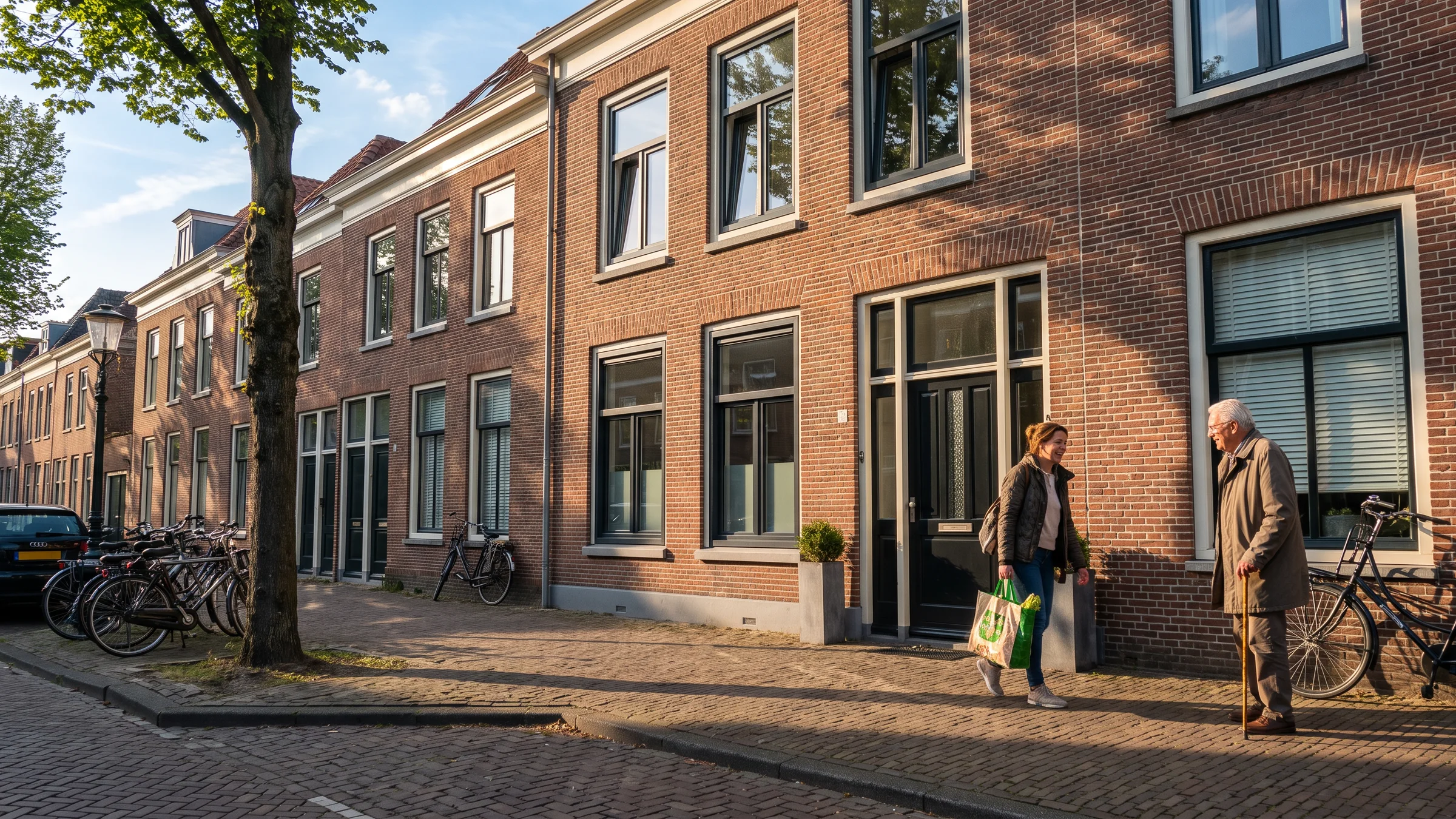 Bewoners op de stoep voor een gerenoveerd pand met nieuwe appartementen, in de avondzon