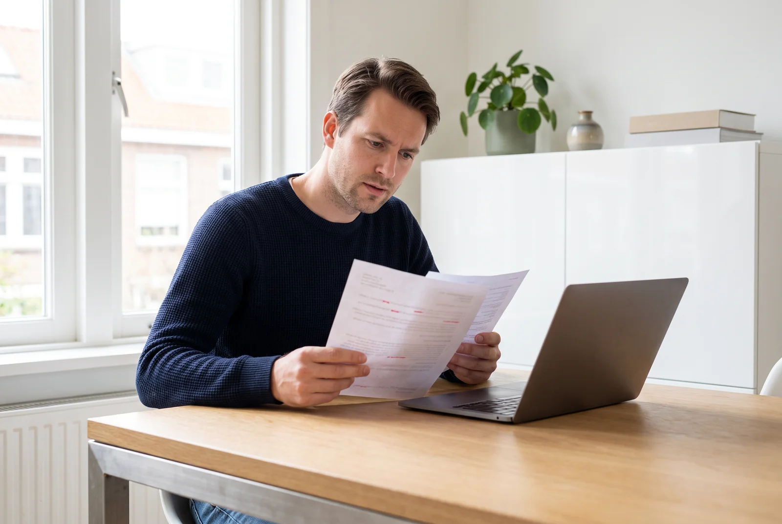 Een man bekijkt offertes aan een houten tafel, met zijn laptop ernaast