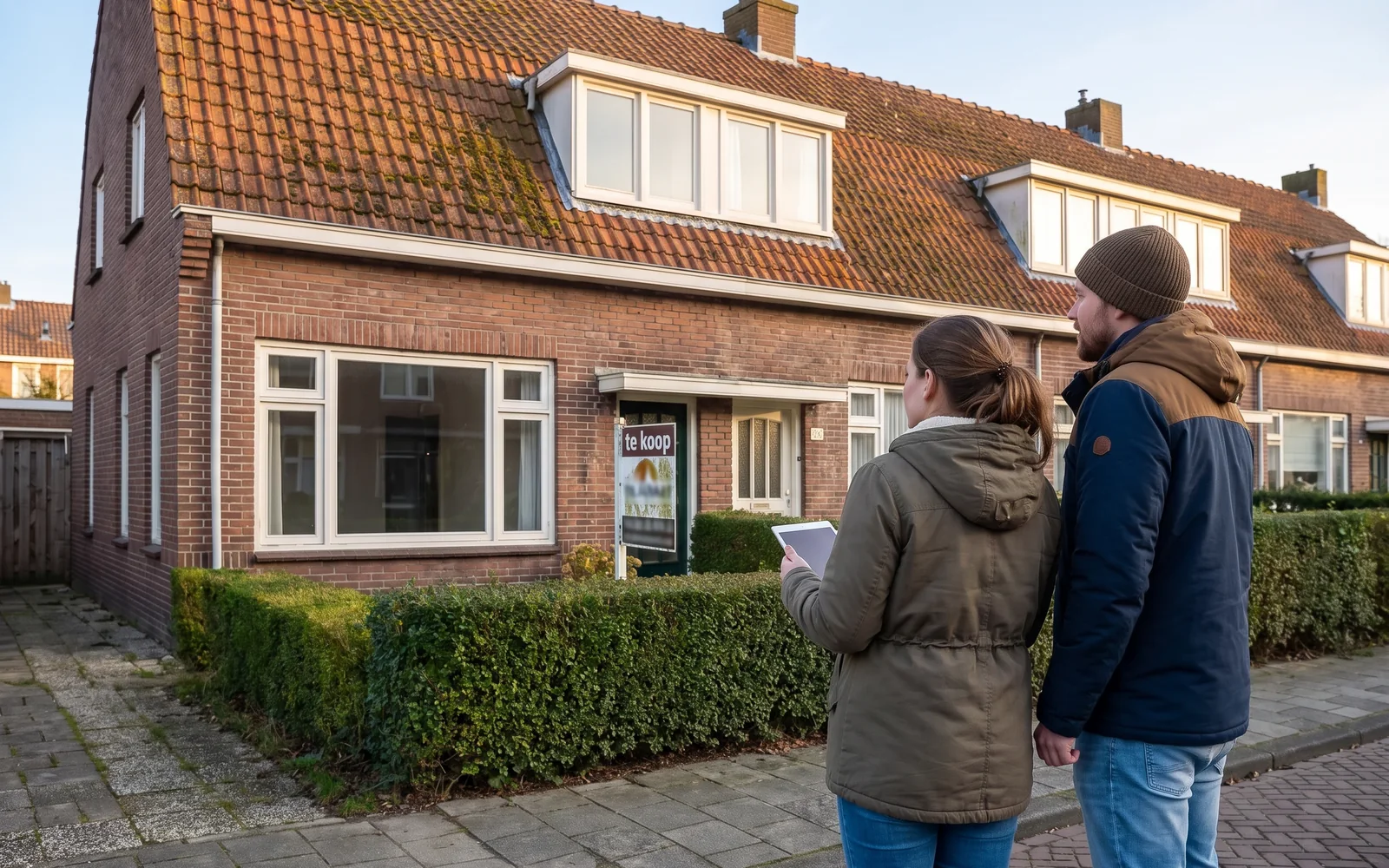Een jong stel staat voor een ouder huis met een te-koopbord en bekijkt de gevel