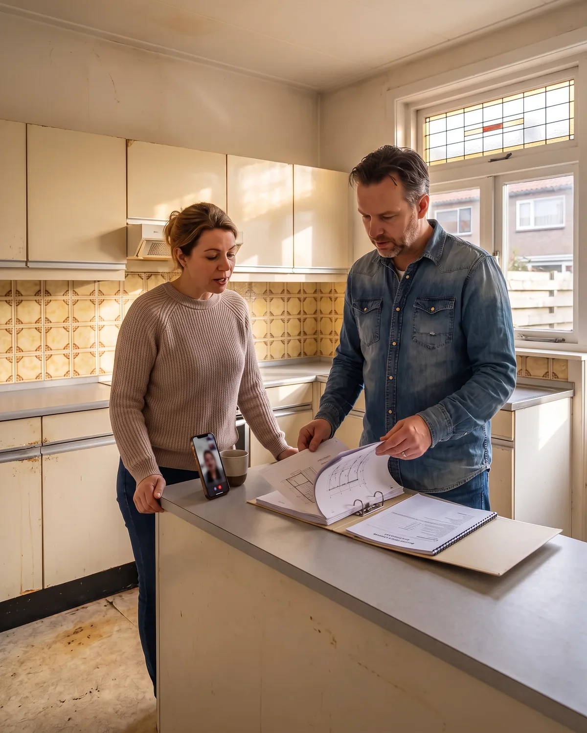Een stel aan de keukentafel in hun nog niet verbouwde oude huis, met een map tekeningen en een telefoon in een videogesprek