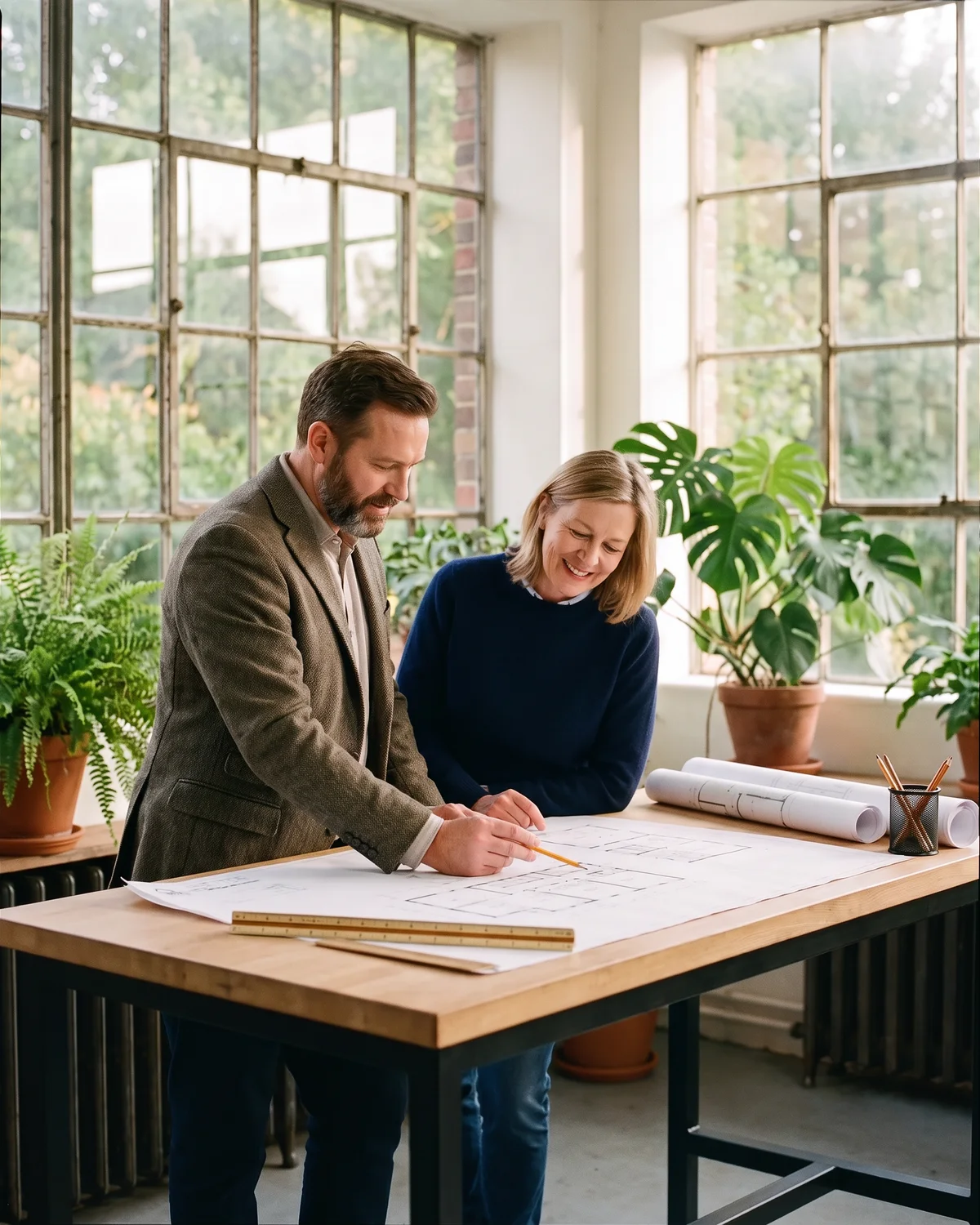Een architect wijst op een grote tekening van de nieuwe indeling, aan een staande werktafel in een licht atelier