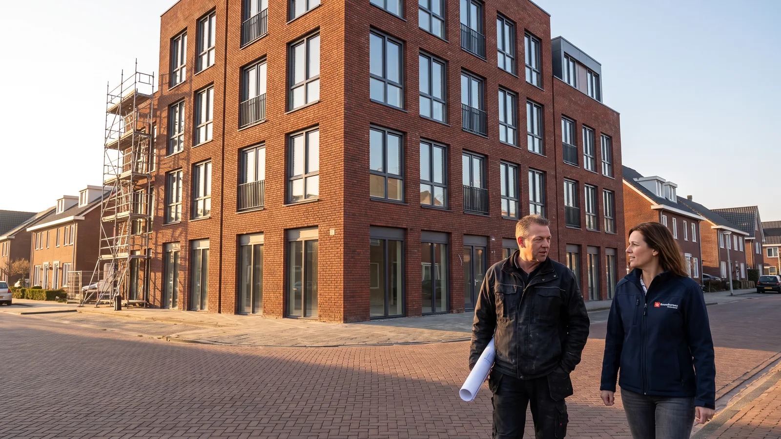 De directeur van een bouwbedrijf en onze bouwkundige lopen in de avondzon langs een appartementengebouw dat bijna klaar is