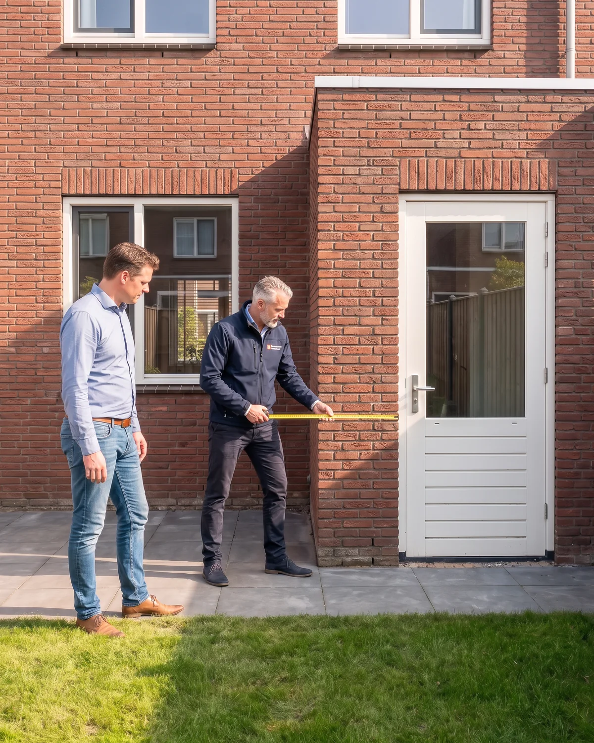 Een adviseur meet de achtergevel op waar de uitbouw komt, de bewoner kijkt mee