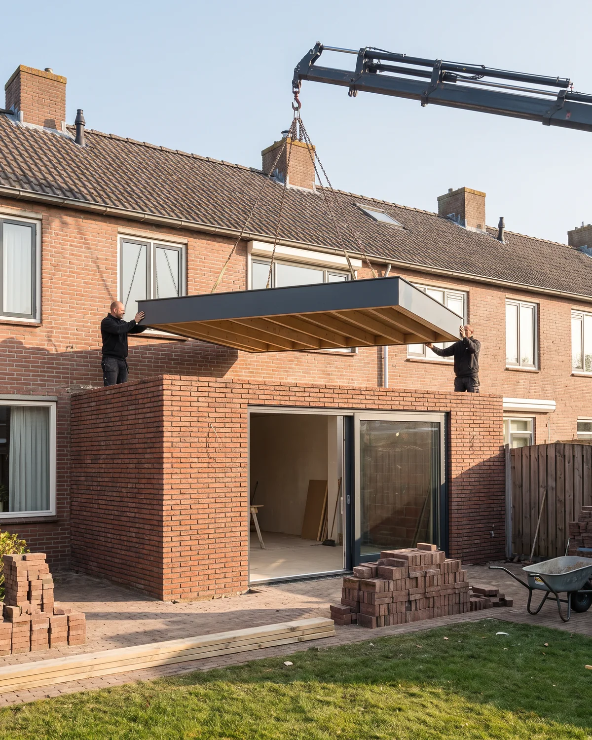 Een kraan zet een prefab dakdeel op een nieuwe uitbouw aan een rijwoning