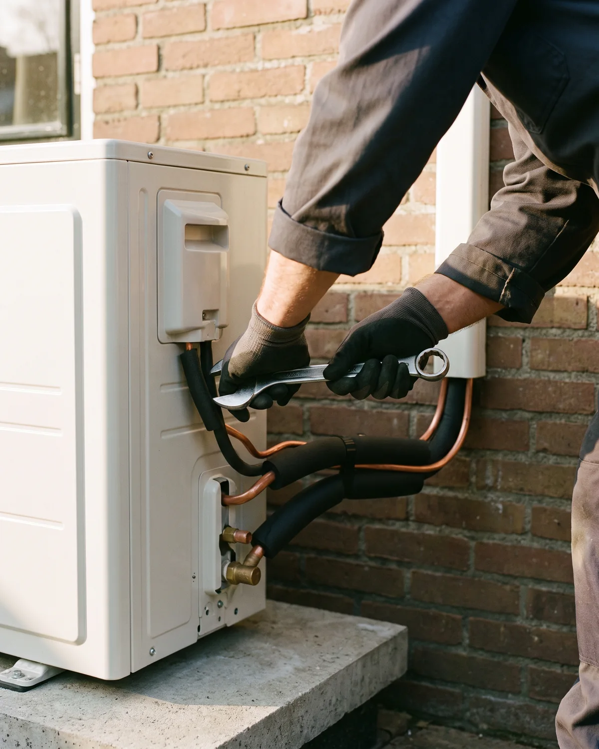 De handen van een installateur sluiten de leidingen aan van de buitenunit van een warmtepomp aan de achtergevel