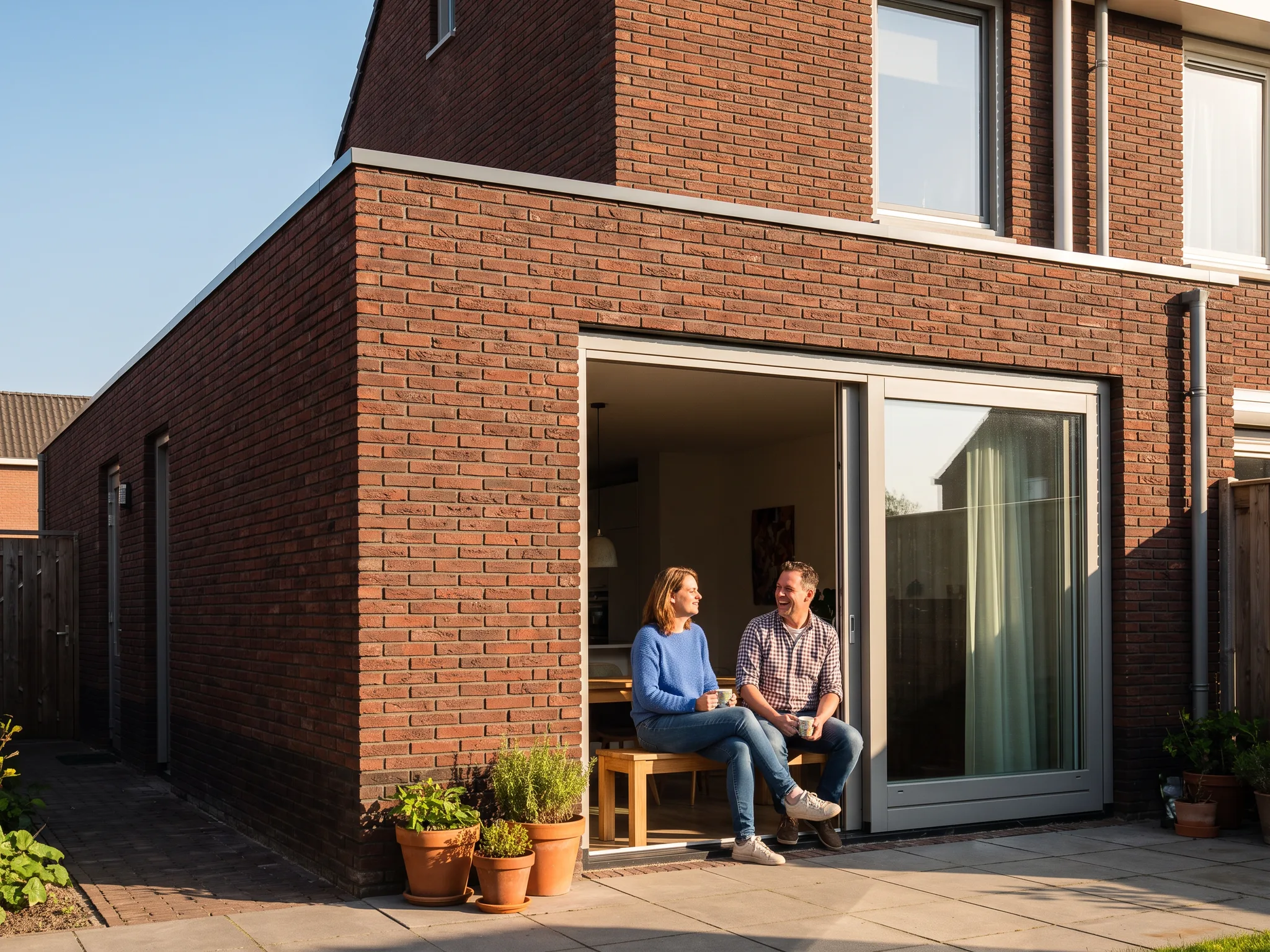 Een stel zit voor de open pui van hun nieuwe aanbouw