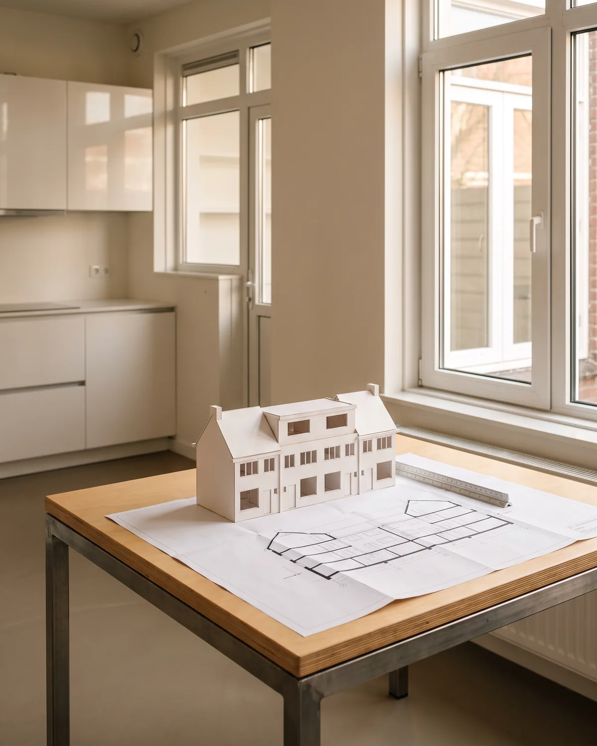 Een bouwtekening met een kleine witte maquette van een huis met een opbouw